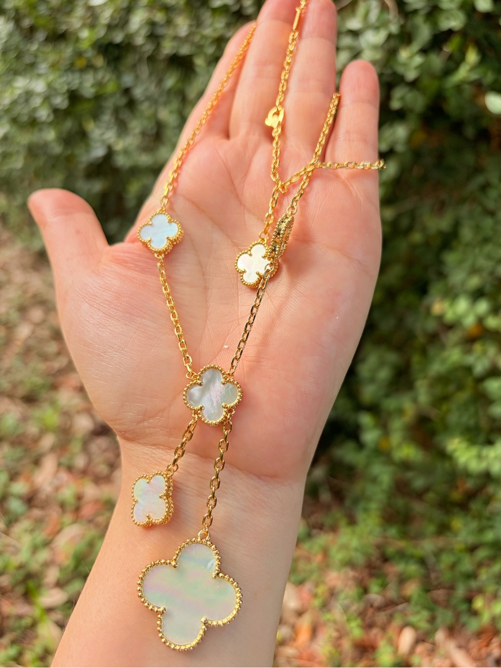 Alhambra inspired Luxury Gold Clover Mother-of-Pearl Station Necklace - White - Picture 9 of 10